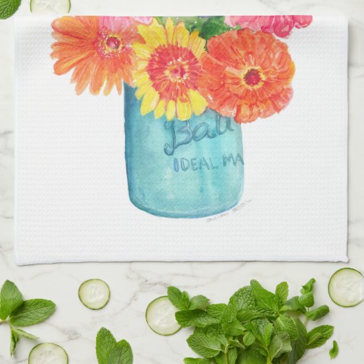 Zinnias in Blue Canning Jar Kitchen Towel Theedoek (Gevouwen)