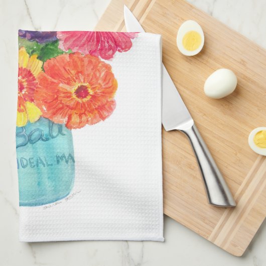 Zinnias in Blue Canning Jar Kitchen Towel Theedoek (Quarter Fold)
