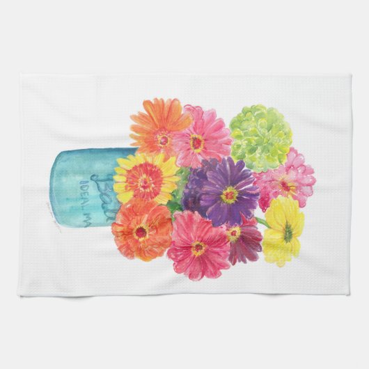 Zinnias in Blue Canning Jar Kitchen Towel Theedoek (Horizontaal)