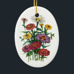 Zinnias Keramisch Ornament<br><div class="desc">Oude botanische illustratie van zinnia-bloemen in rood, geel paars en wit</div>