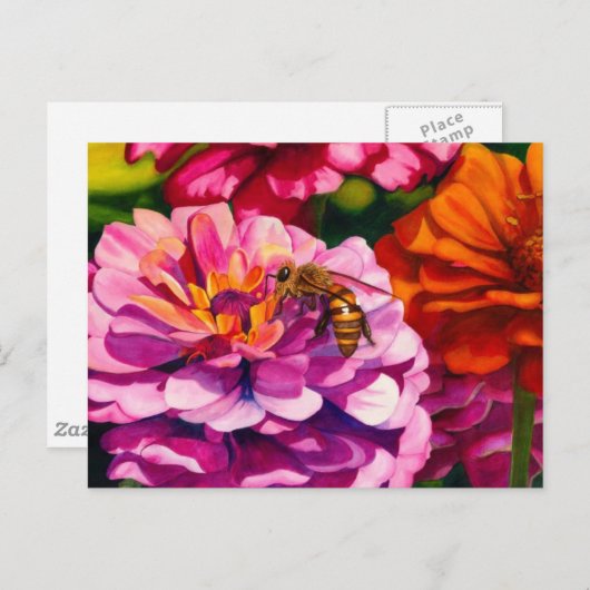 Zinnias met bijen briefkaart (Voorkant / Achterkant)