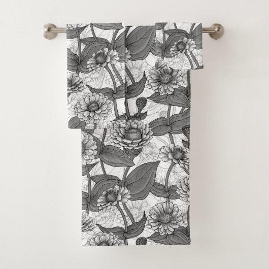 Zinnia's, monochome op wit bad handdoek (Insitu)