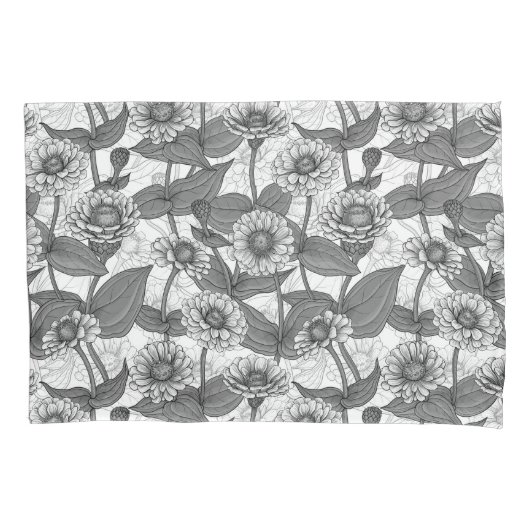 Zinnia's, monochome op wit kussensloop (Voorkant-Links)