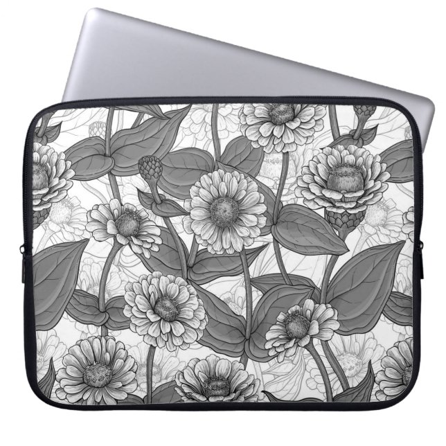 Zinnia's, monochome op wit laptop sleeve (Voorkant)