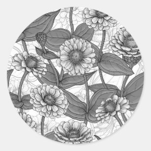 Zinnia's, monochome op wit ronde sticker