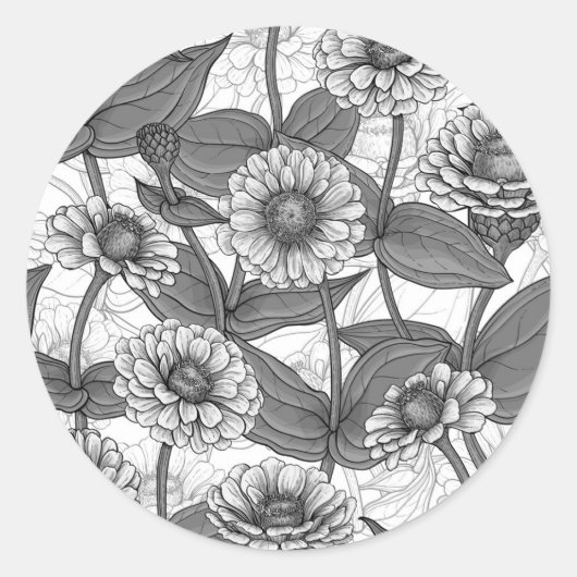 Zinnia's, monochome op wit ronde sticker (Voorkant)
