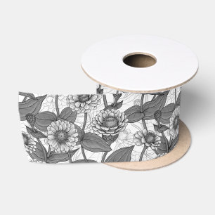 Zinnia's, monochome op wit satijnen lint