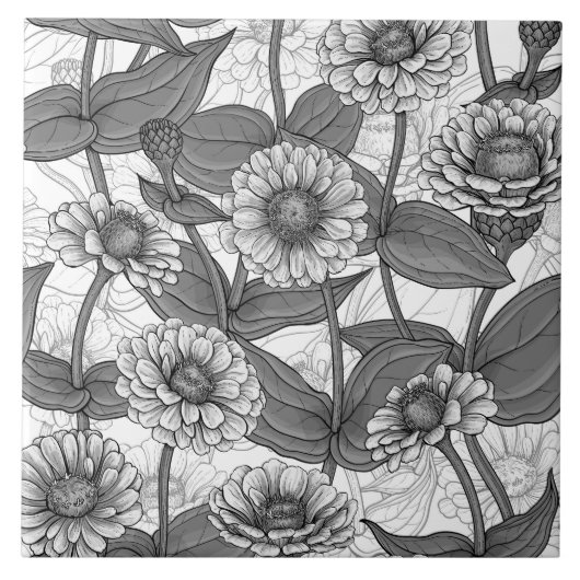 Zinnia's, monochome op wit tegeltje (Voorkant)