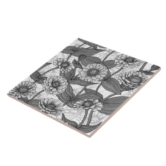 Zinnia's, monochome op wit tegeltje (Zijkant)
