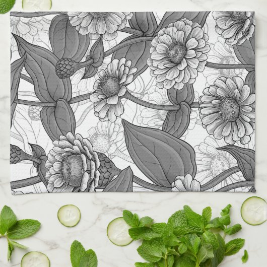 Zinnia's, monochome op wit theedoek (Gevouwen)