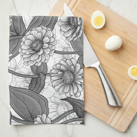 Zinnia's, monochome op wit theedoek (Quarter Fold)