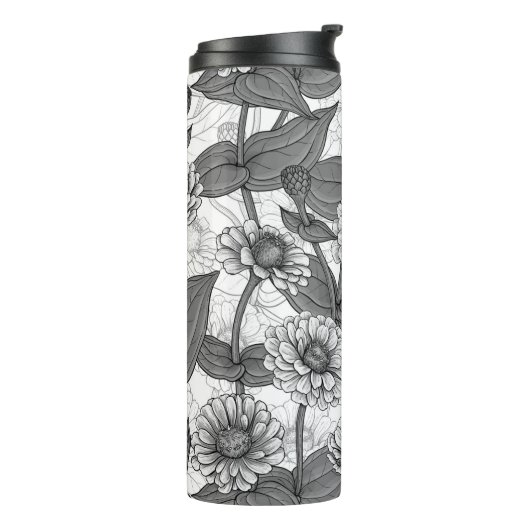 Zinnia's, monochome op wit thermosbeker (Gedraaid links)