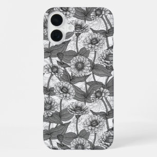 Zinnias, monochroom op wit iPhone 16 plus hoesje