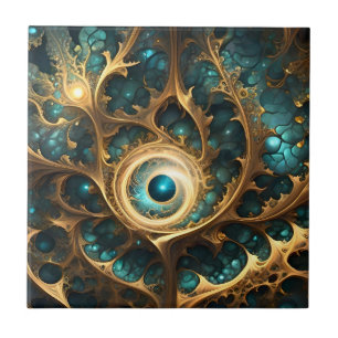 Zintuig Gezicht Teal En Goud Fractale Abstracte Ku Tegeltje
