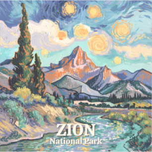 Zion Levendig Landschap Retro Rivier Zonsondergang Sticker