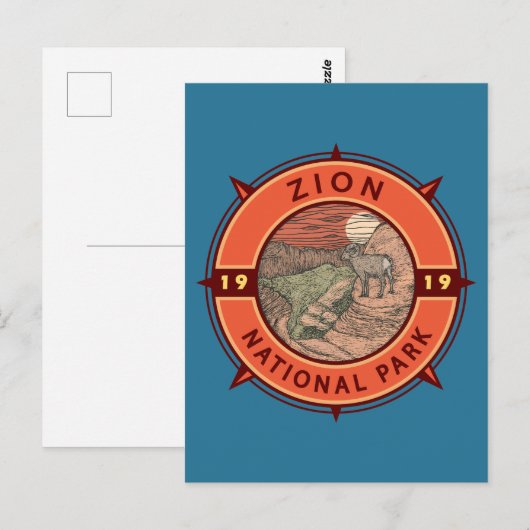 Zion National Park Bighorn Sheep Retro Compass Briefkaart (Voorkant / Achterkant)