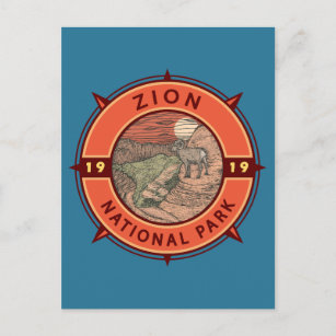 Zion National Park Bighorn Sheep Retro Compass Briefkaart