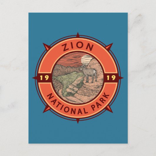 Zion National Park Bighorn Sheep Retro Compass Briefkaart (Voorkant)