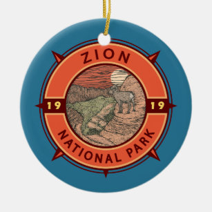 Zion National Park Bighorn Sheep Retro Compass Keramisch Ornament