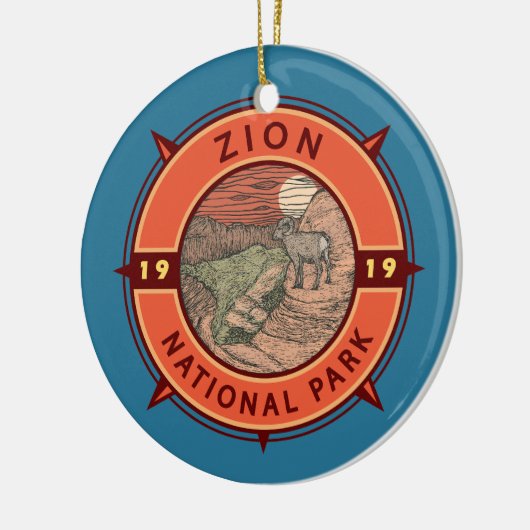 Zion National Park Bighorn Sheep Retro Compass Keramisch Ornament (Links)