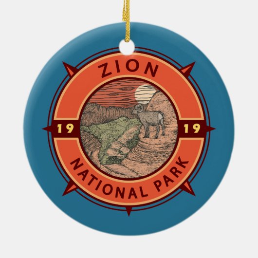 Zion National Park Bighorn Sheep Retro Compass Keramisch Ornament (Achterkant)
