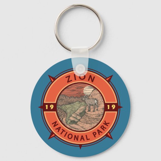 Zion National Park Bighorn Sheep Retro Compass Sleutelhanger (Voorkant)