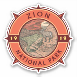 Zion National Park Bighorn Sheep Retro Compass Sticker