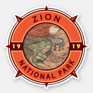 Zion National Park Bighorn Sheep Retro Compass Sticker