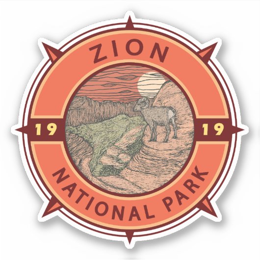 Zion National Park Bighorn Sheep Retro Compass Sticker (Voorkant)