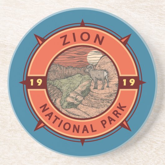 Zion National Park Bighorn Sheep Retro Compass Zandsteen Onderzetter (Voorkant)
