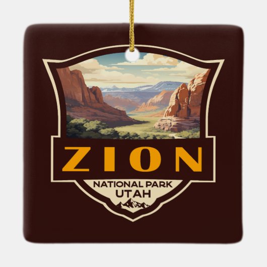 Zion National Park Illustratie Retro Badge Keramisch Ornament (Achterkant)