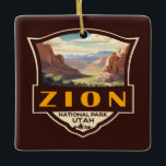 Zion National Park Illustratie Retro Badge Keramisch Ornament<br><div class="desc">Zion vectorkunstwerk ontwerp. Het park is een zuidwest Utah-natuur die zich onderscheidt door de steile rode kliffen van Zion Canyon.</div>