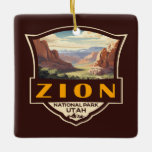 Zion National Park Illustratie Retro Badge Keramisch Ornament<br><div class="desc">Zion vectorkunstwerk ontwerp. Het park is een zuidwest Utah-natuur die zich onderscheidt door de steile rode kliffen van Zion Canyon.</div>