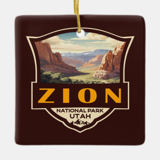 Zion National Park Illustratie Retro Badge Keramisch Ornament (Voorkant)