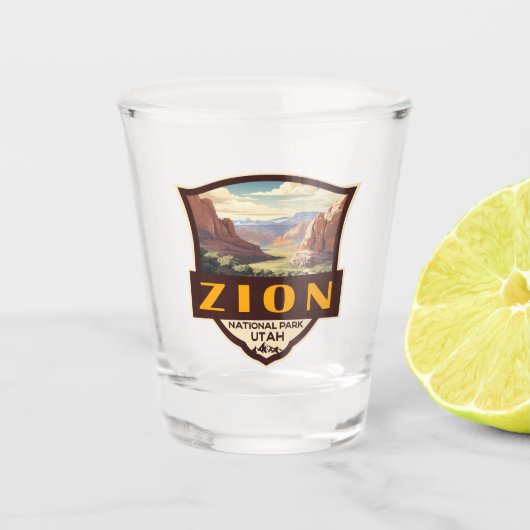 Zion National Park Illustratie Retro Badge Shot Glas (Voorkant)