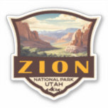 Zion National Park Illustratie Retro Badge Sticker<br><div class="desc">Zion vectorkunstwerk ontwerp. Het park is een zuidwest Utah-natuur die zich onderscheidt door de steile rode kliffen van Zion Canyon.</div>