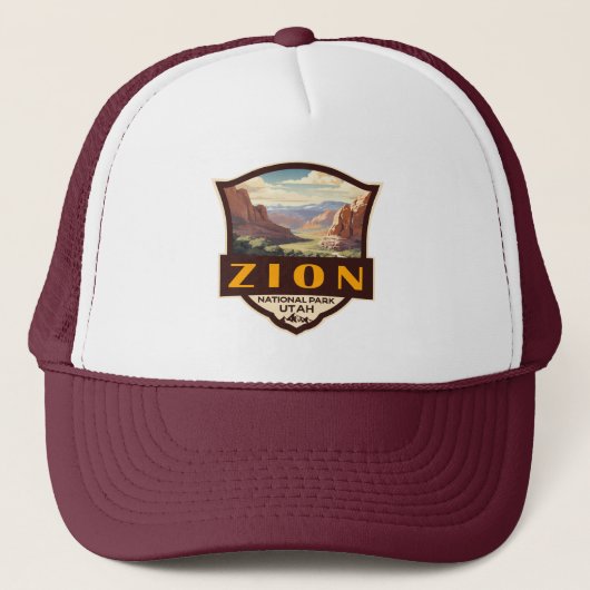 Zion National Park Illustratie Retro Badge Trucker Pet (Voorkant)