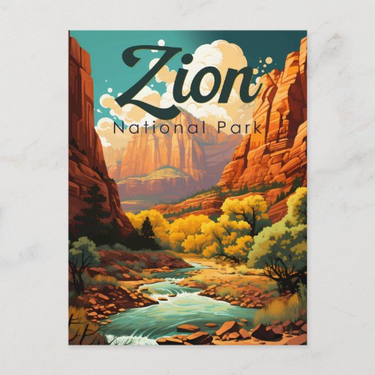 Zion National Park Illustratie Retro Briefkaart (Voorkant)