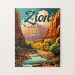 Zion National Park Illustratie Retro Legpuzzel<br><div class="desc">Zion vectorkunstwerk ontwerp. Het park is een zuidwest Utah-natuur die zich onderscheidt door de steile rode kliffen van Zion Canyon.</div>