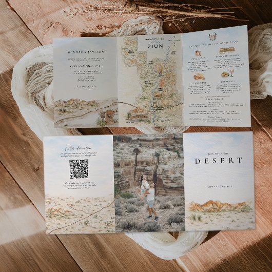 Zion National Park Map | Desert Wedding Drieluik Uitnodiging