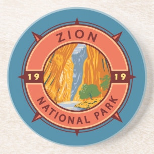 Zion National Park Retro Compass Emblem Zandsteen Onderzetter