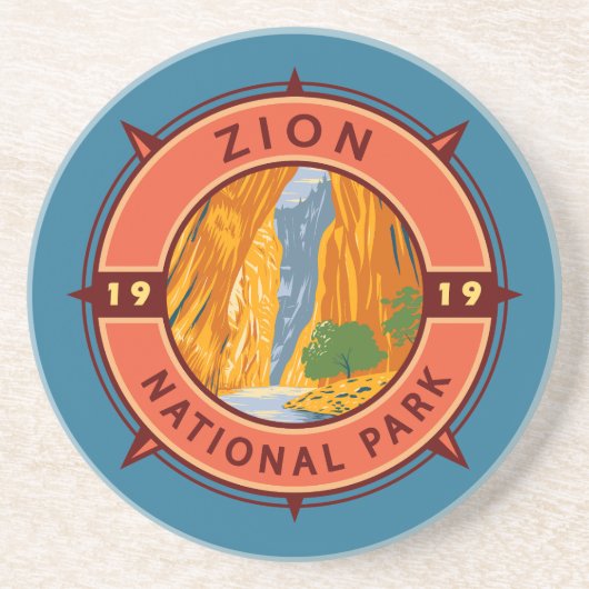Zion National Park Retro Compass Emblem Zandsteen Onderzetter (Voorkant)