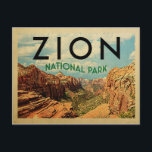 Zion National Park Vintage Travel Briefkaart<br><div class="desc">Zion National Park ontwerp in Vintage Travel-stijl,  met de rode kanonnen van Zion met puffige wolken op een blauwe hemel.</div>