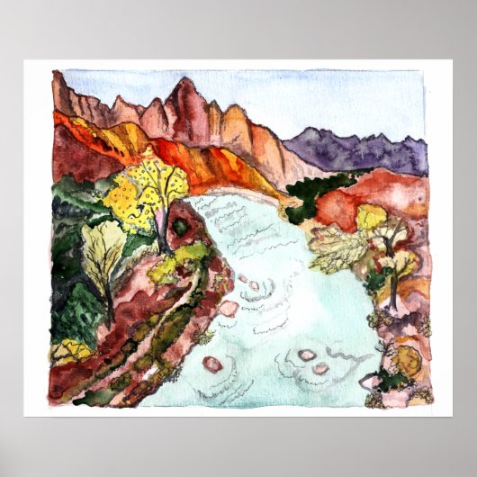 Zion National Park Virgin River Waterverf Art Poster (Voorkant)
