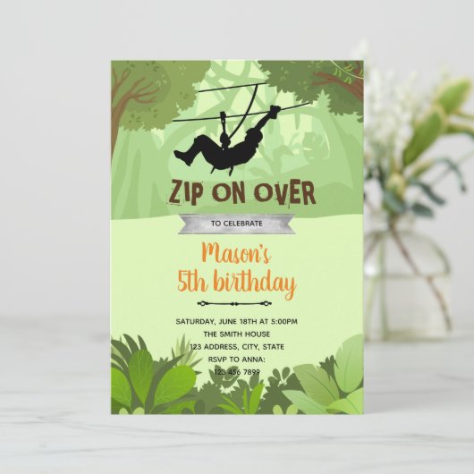Zipline boy verjaardagsuitnodiging bedankkaart (Staand voorkant)