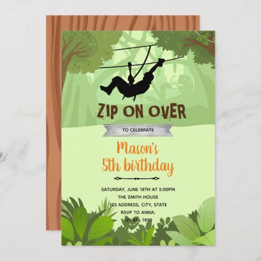 Zipline boy verjaardagsuitnodiging bedankkaart (Voorkant / Achterkant)