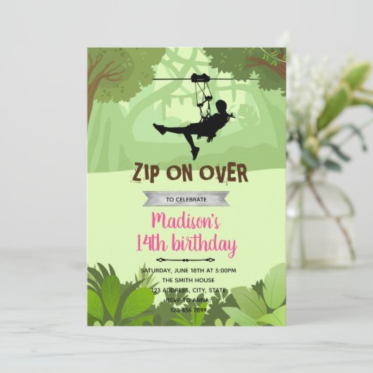 Zipline girl-uitnodiging bedankkaart (Staand voorkant)