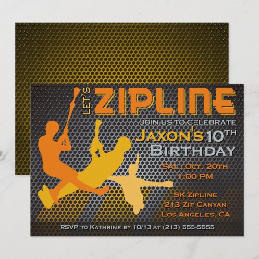 Ziplining Boys Verjaardag Uitnodiging - Let's Zipl (Voorkant / Achterkant)