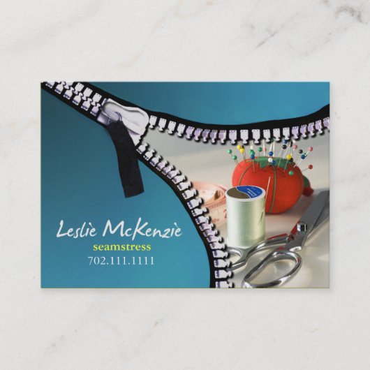 "Zipper" - Naaien, Dressmaker, Seamstress, Tailor Visitekaartje (Voorkant)