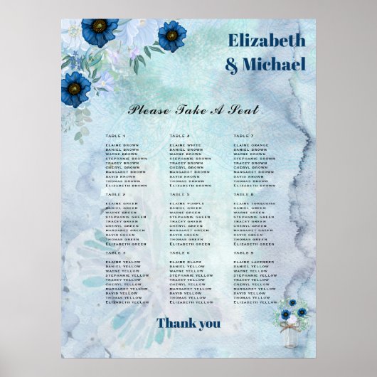 ZITCHART - Dusty Blue Floral Poster (Voorkant)
